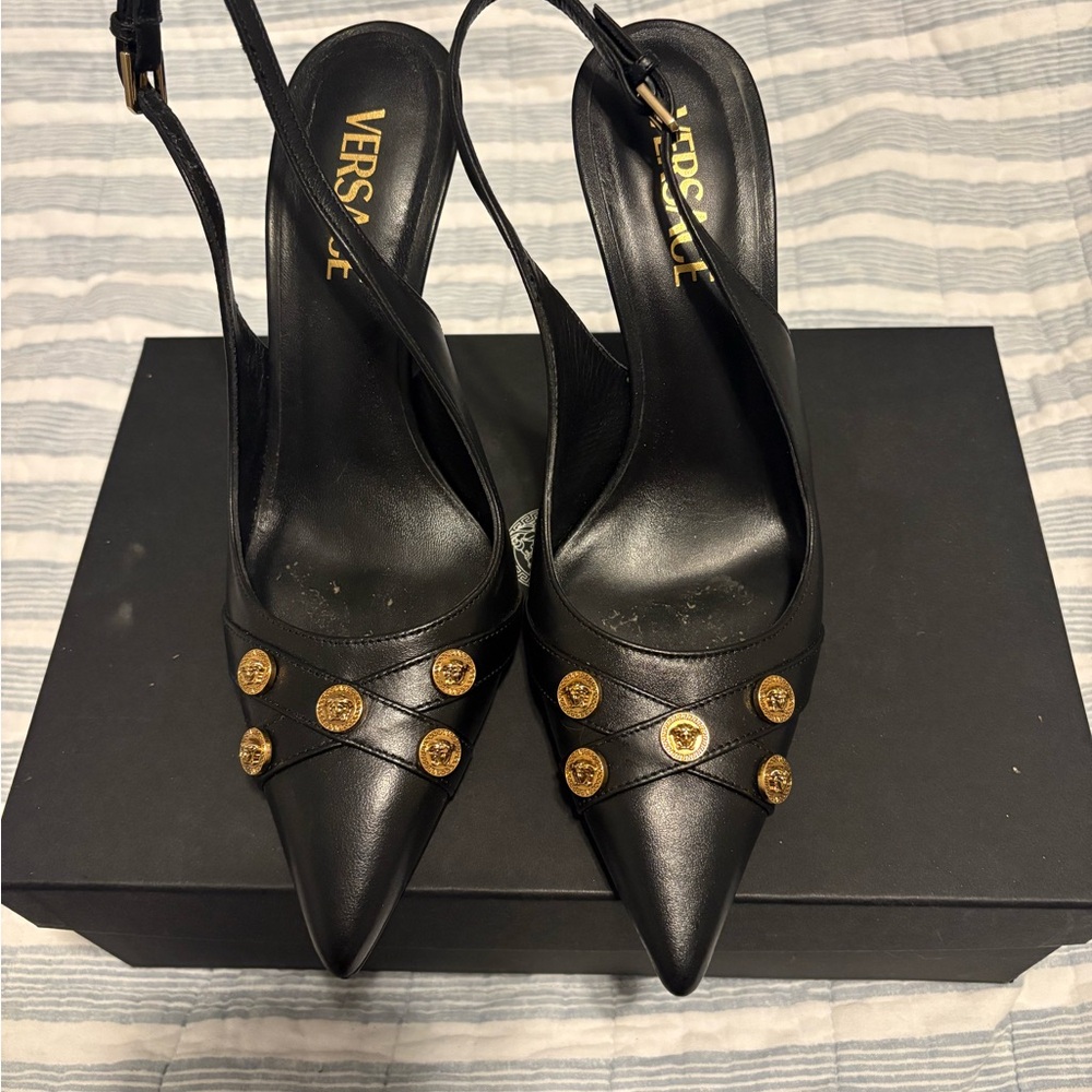Versace Black Heels with Gold Medallions